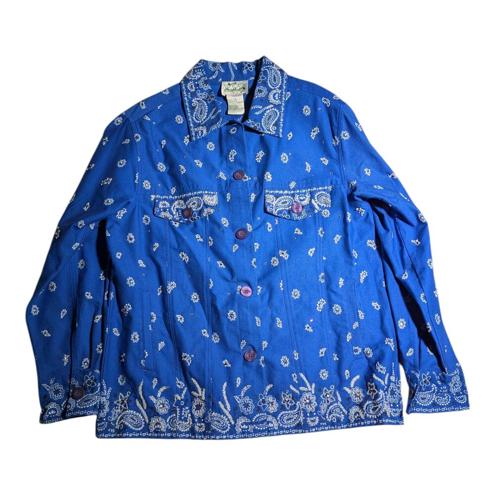 Vtg Y2K Quacker Factory Blue Paisley Bandanna Print Embellished Cotton Jacket S